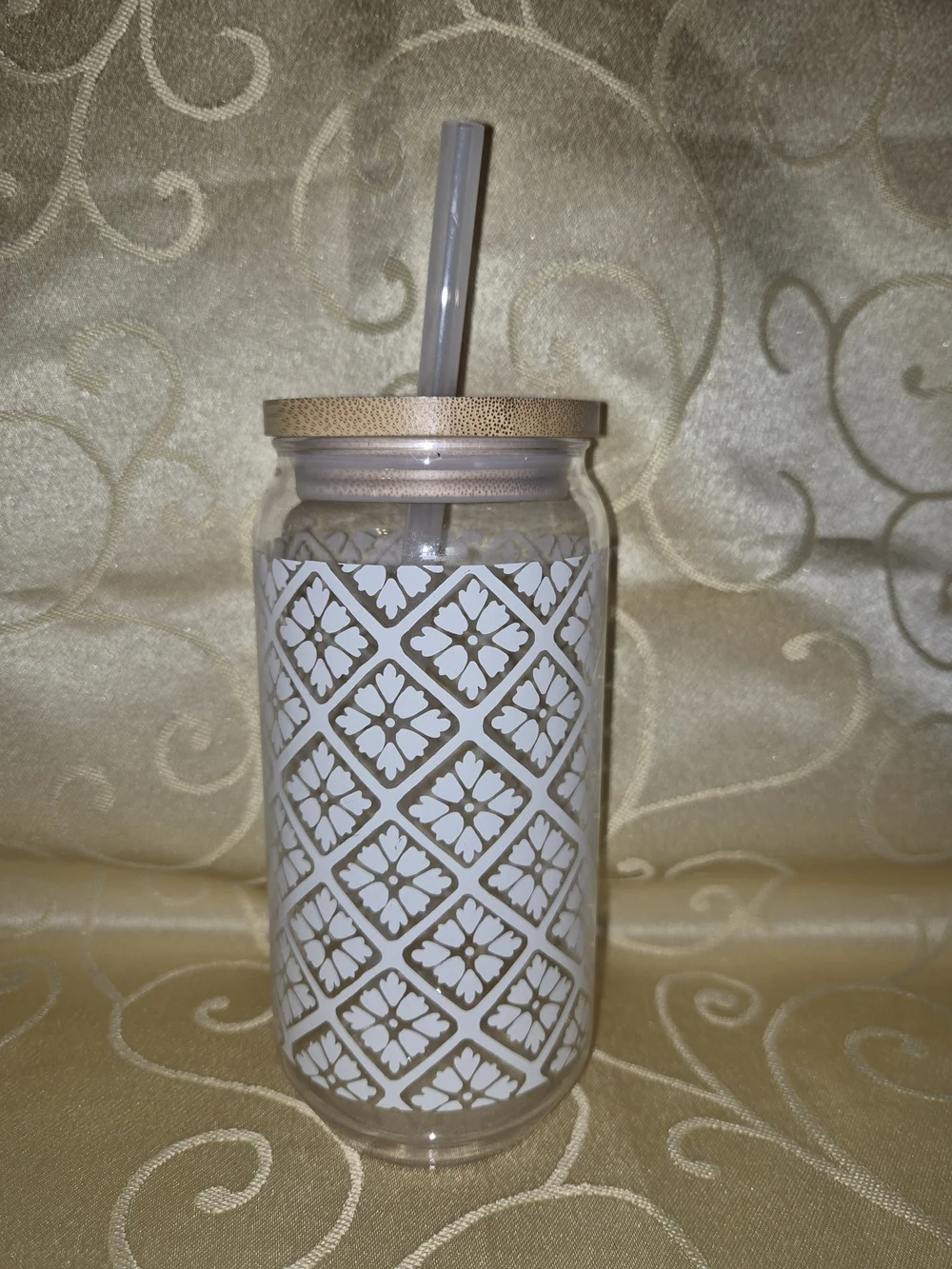 Acrylic Tumbler with Straw - White Pattern Plastic